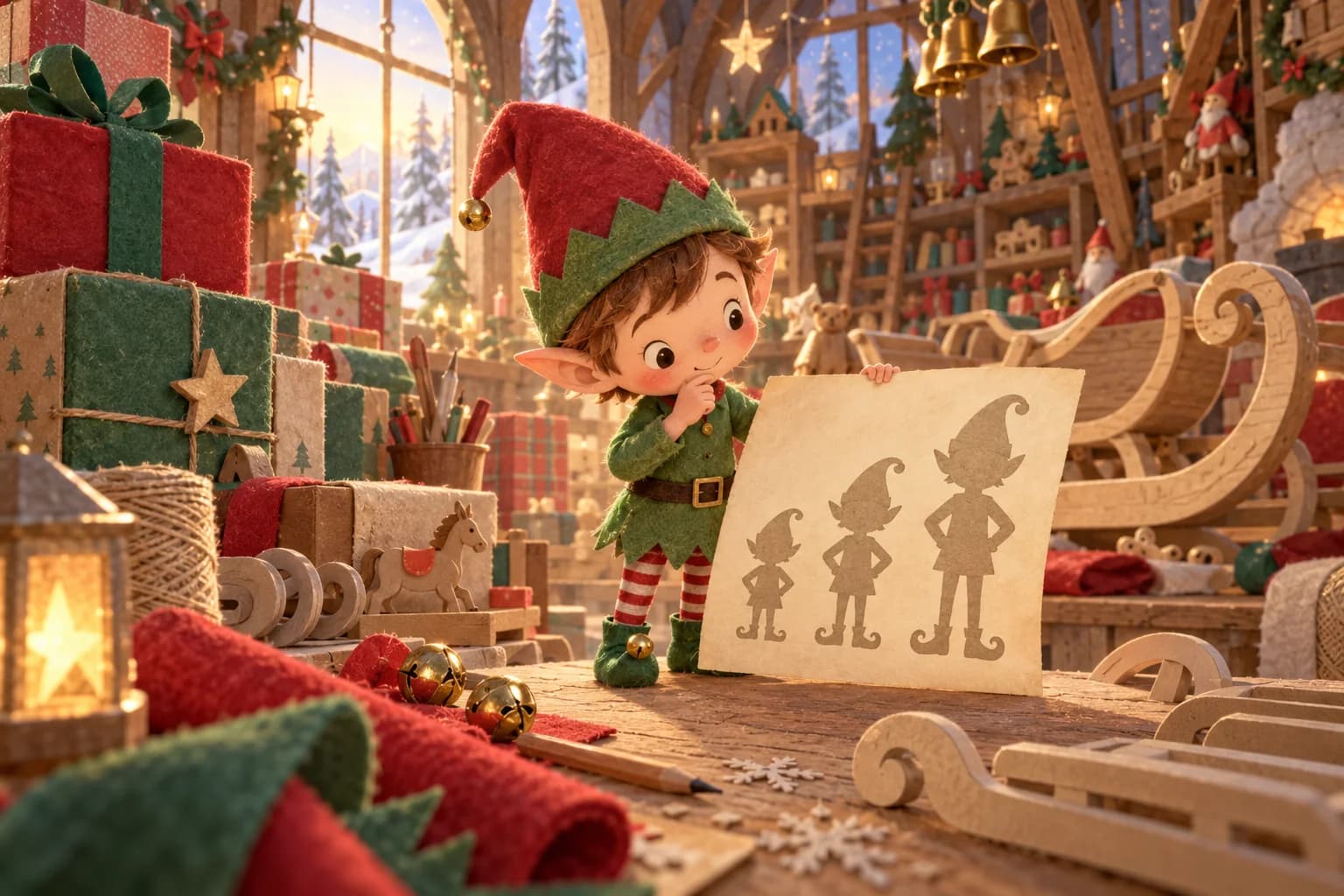 Un petit lutin compare plusieurs tailles dans un atelier de Noël rempli de cadeaux.