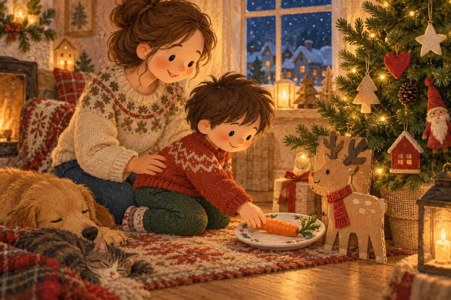 Un enfant et un parent déposent une carotte près du sapin, à côté d’un renne dessiné sur du carton.