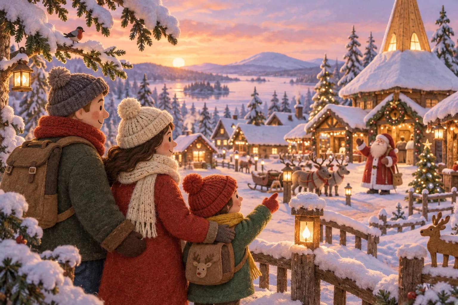 Une famille découvre un village enneigé du Père Noël en Laponie finlandaise