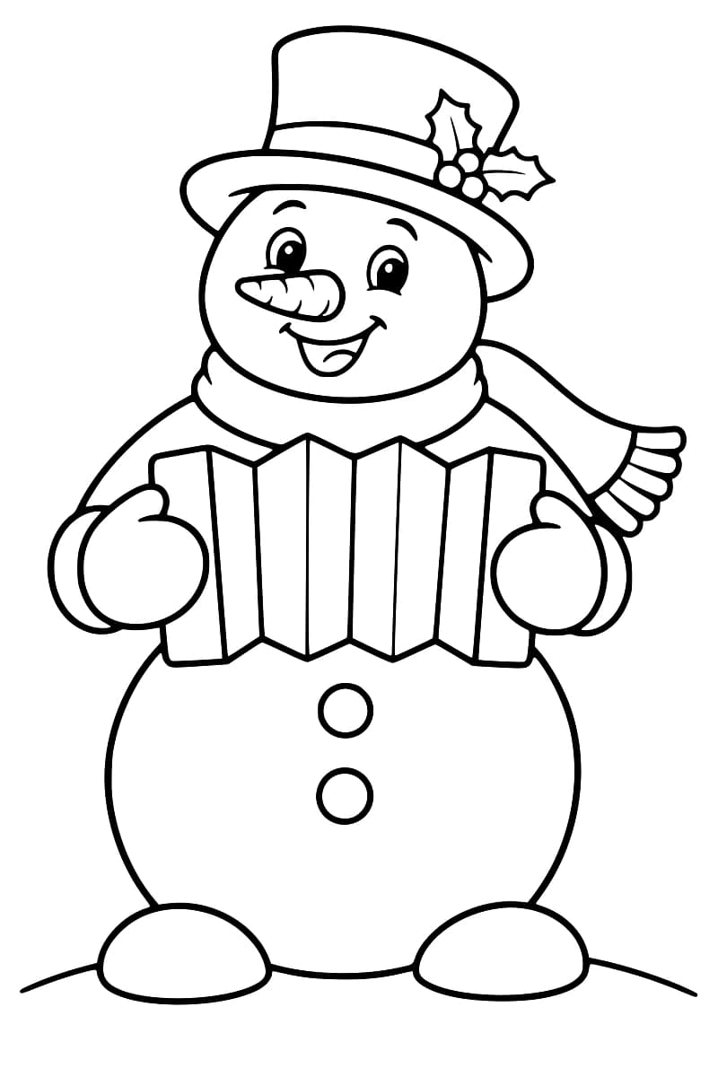 Dessin en noir et blanc d’un bonhomme de neige de face, avec un nez en carotte, un haut-de-forme orné de houx, une écharpe et deux boutons, tenant un accordéon à larges plis.
