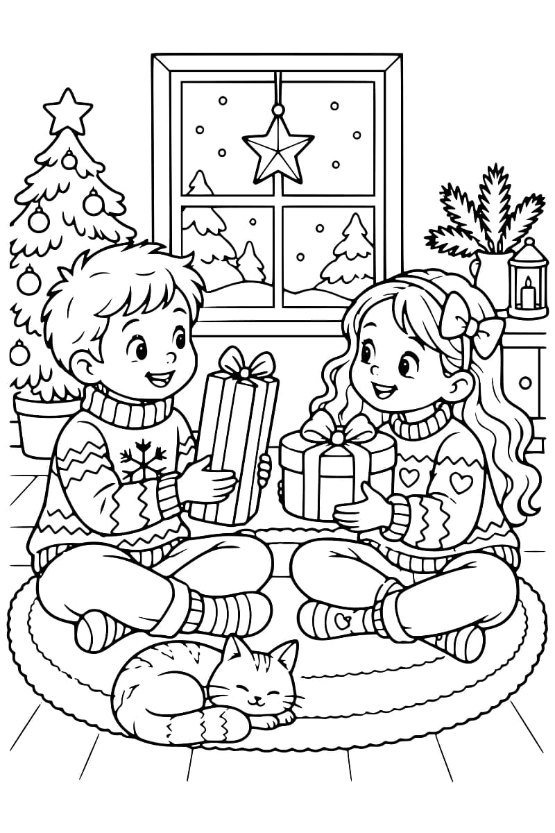 Deux enfants souriants se donnent des cadeaux sur un tapis, près d’un sapin de Noël, d’une fenêtre décorée et d’un chat endormi.