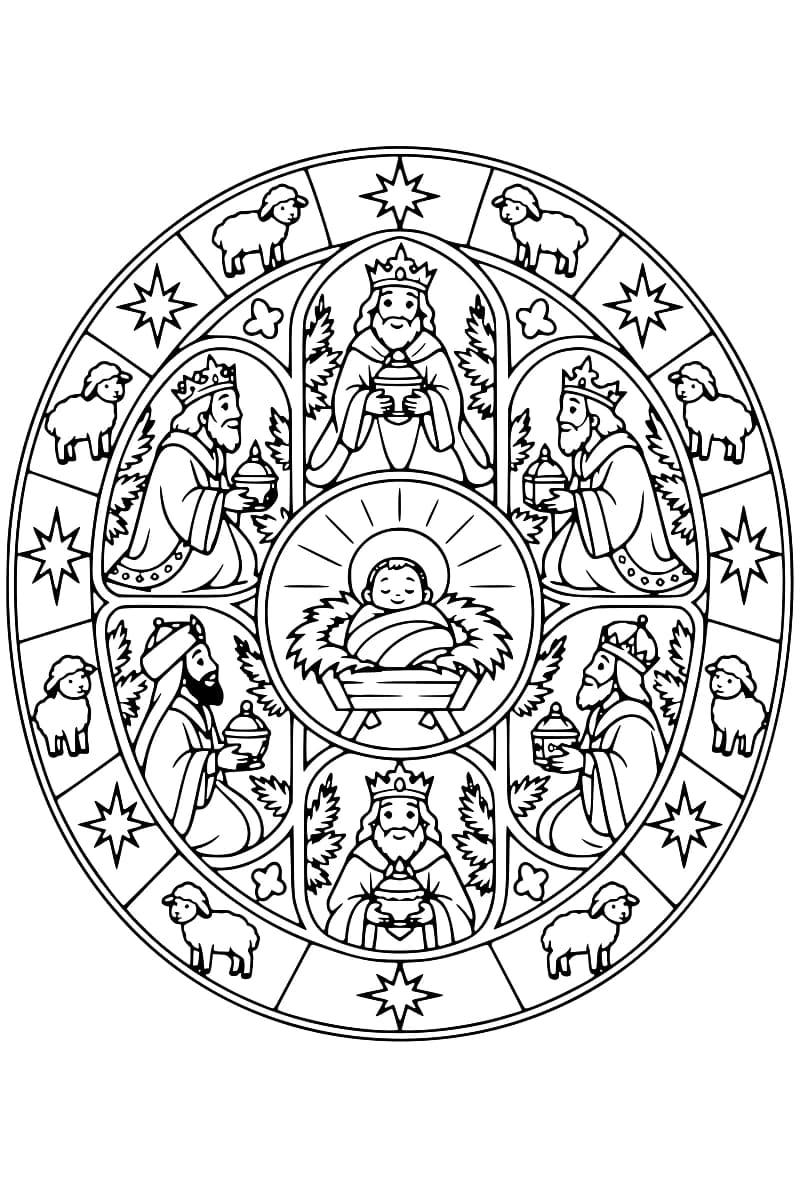 Dessin en noir et blanc de Jésus emmailloté dans une mangeoire au centre d’un mandala, avec six Rois mages tenant des récipients autour de lui et une bordure alternant moutons et étoiles.