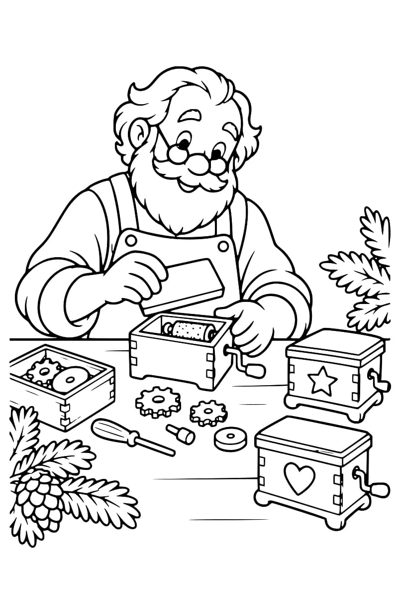 Artisan barbu assemblant une boîte à musique en bois sur un établi, avec des engrenages, des outils et d’autres boîtes musicales autour de lui.