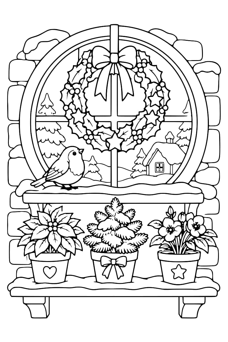 Dessin à colorier représentant une couronne de Noël suspendue devant une fenêtre enneigée, avec un oiseau, des sapins et trois plantes en pot.