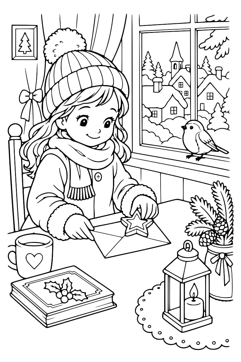 Coloriage d’une enfant en bonnet et écharpe plaçant une étoile sur une enveloppe, avec un oiseau, une lanterne et un village enneigé à la fenêtre.