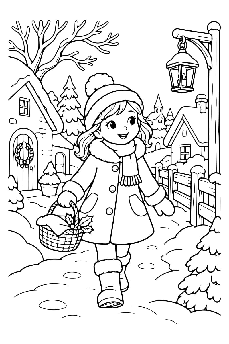 Enfant en tenue d’hiver avançant avec un panier dans un village enneigé, entre des maisons, des sapins et un lampadaire.
