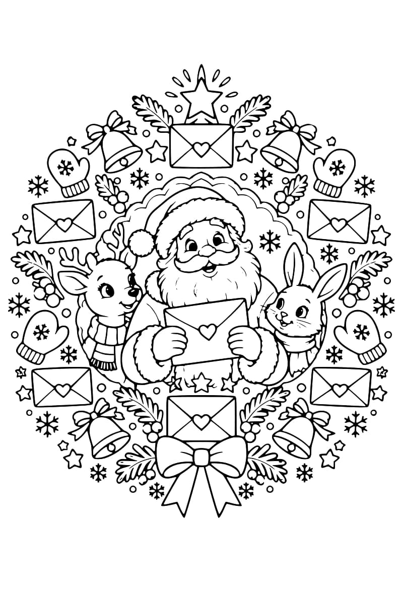 Dessin de coloriage en noir et blanc représentant le père Noël tenant une enveloppe, entouré d’un renne, d’un lapin et de motifs de Noël disposés en mandala.