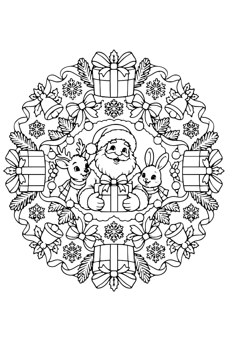 Dessin en noir et blanc d’une rosace de Noël avec le père Noël au centre, un renne, un lapin et des cadeaux.