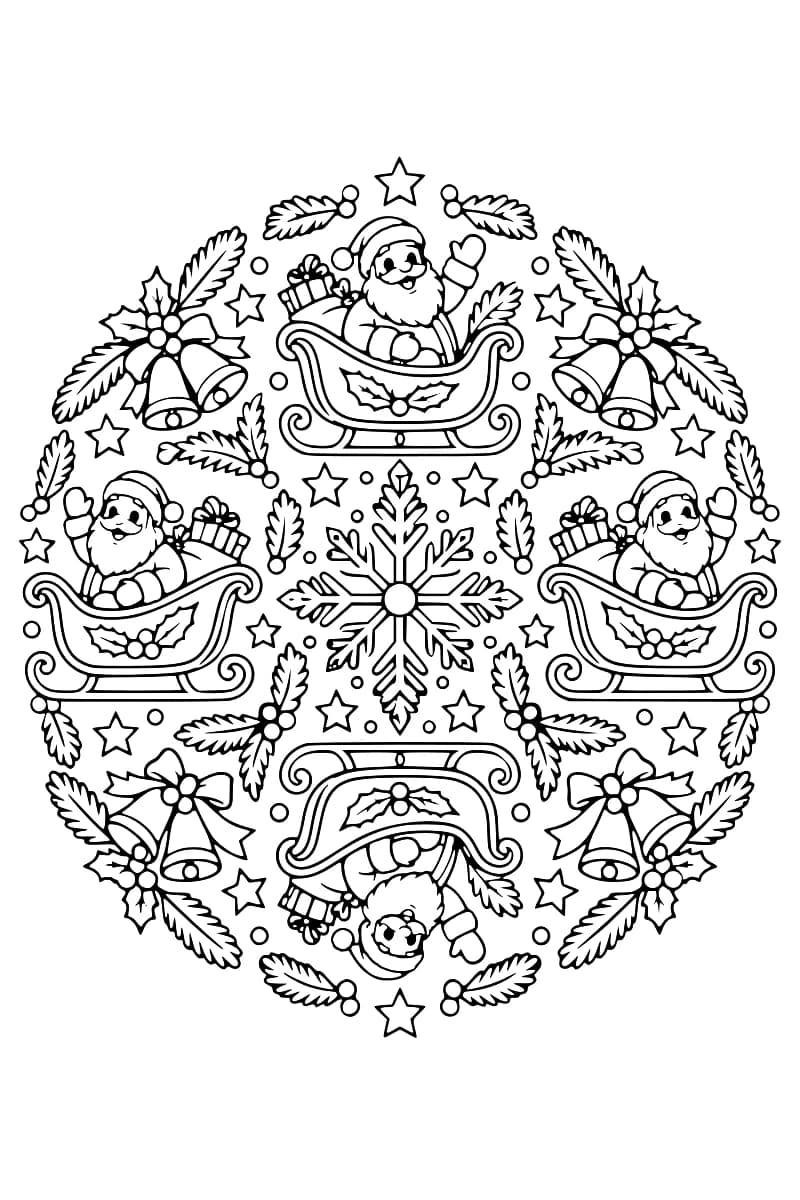 Illustration circulaire en noir et blanc représentant quatre traîneaux autour d’un grand flocon, accompagnés de personnages barbus, de clochettes et d’étoiles.
