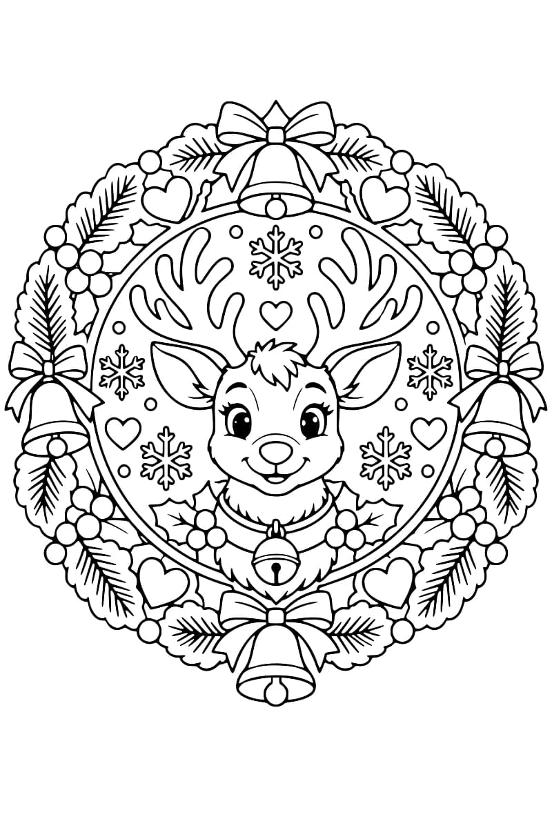 Dessin en noir et blanc d’un renne au centre d’une rosace décorée de bois, de flocons, de clochettes, de cœurs et de feuillages.