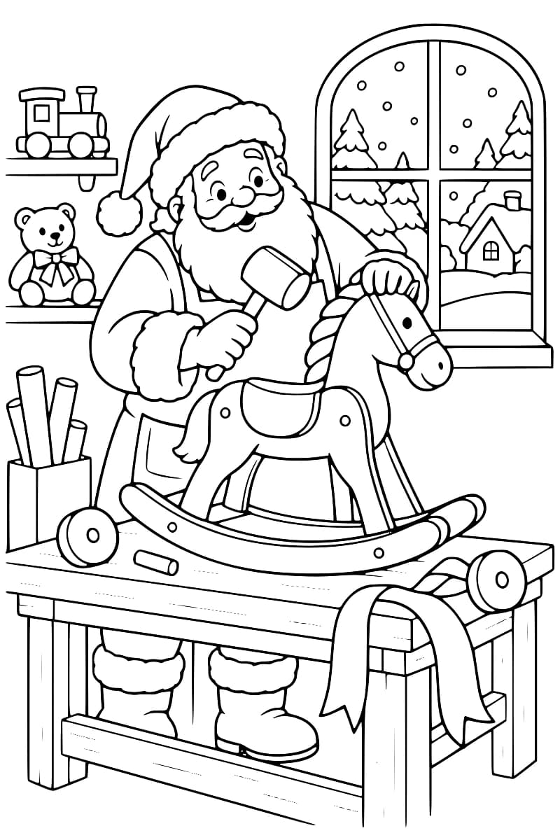 Coloriage représentant le père Noël fabriquant un cheval à bascule sur un établi, avec une fenêtre enneigée, un train et un ours en peluche en arrière-plan.