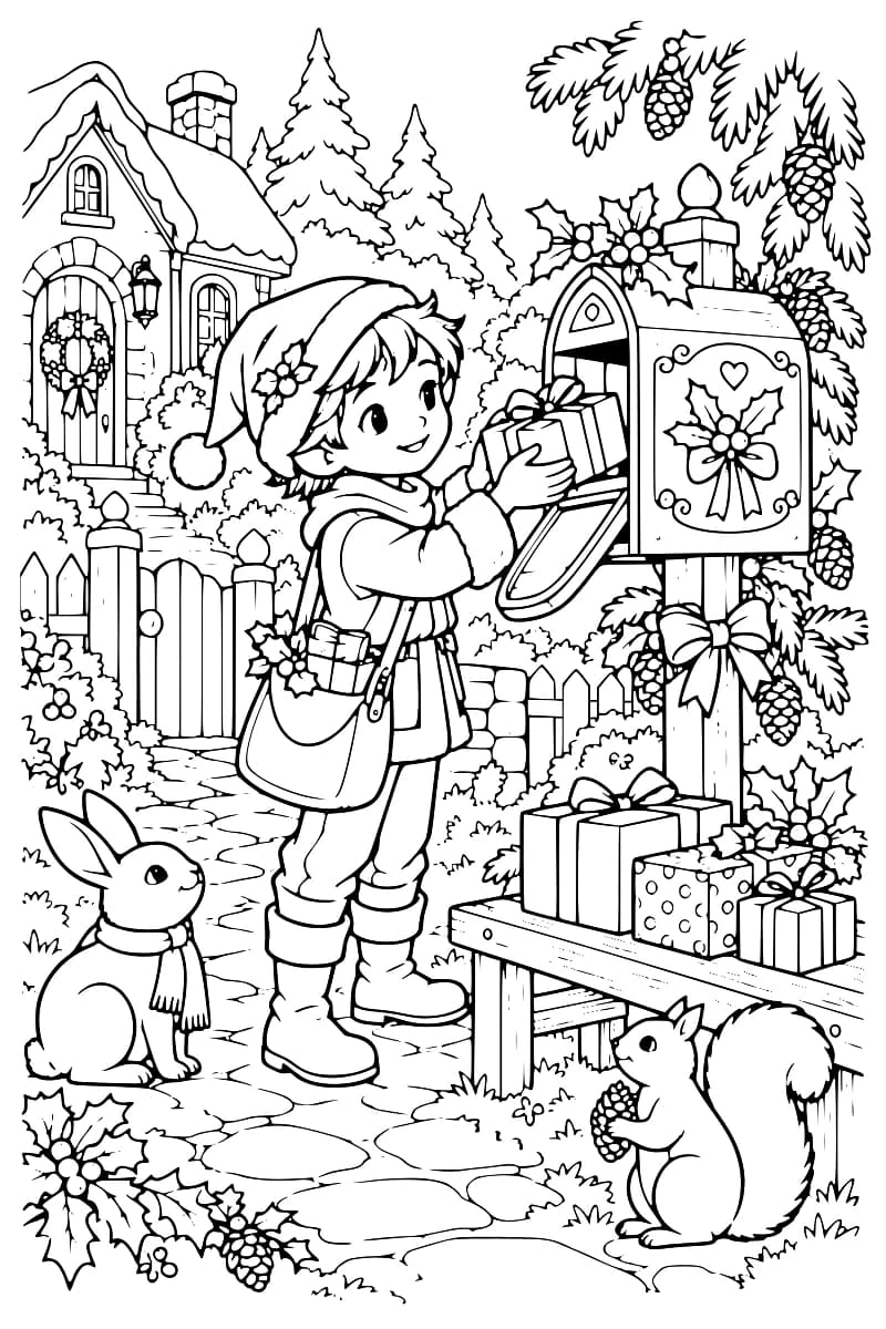 Enfant déposant un cadeau dans une boîte aux lettres décorée devant une maison, avec un lapin et un écureuil.