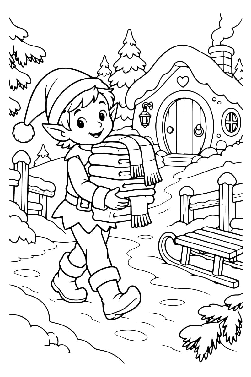 Lutin souriant portant plusieurs écharpes dans un paysage enneigé avec une maison et des sapins.