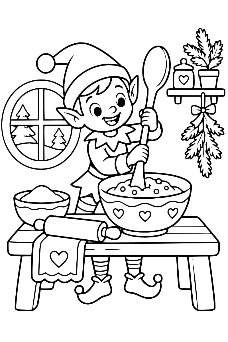 Lutin souriant mélangeant une préparation dans un grand bol, avec un rouleau à pâtisserie, une fenêtre et des décorations végétales autour de lui.