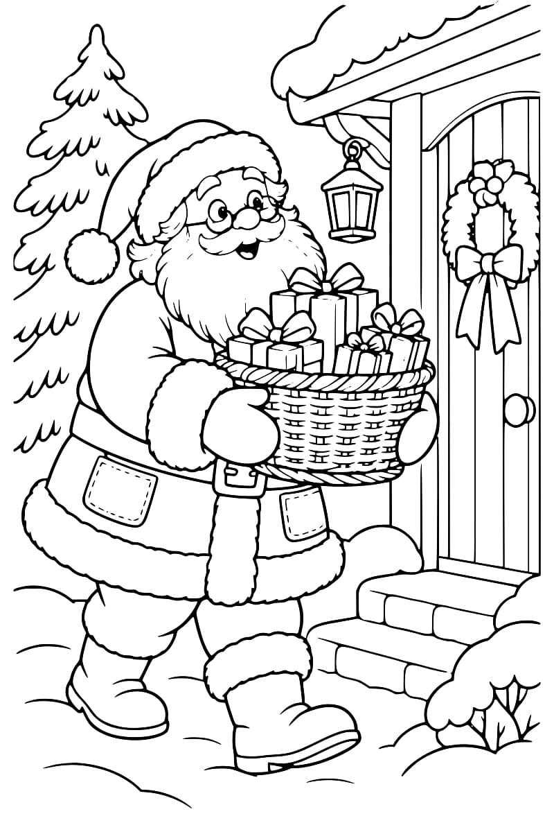 Père Noël à lunettes portant un panier rempli de cadeaux devant une porte ornée d’une couronne.