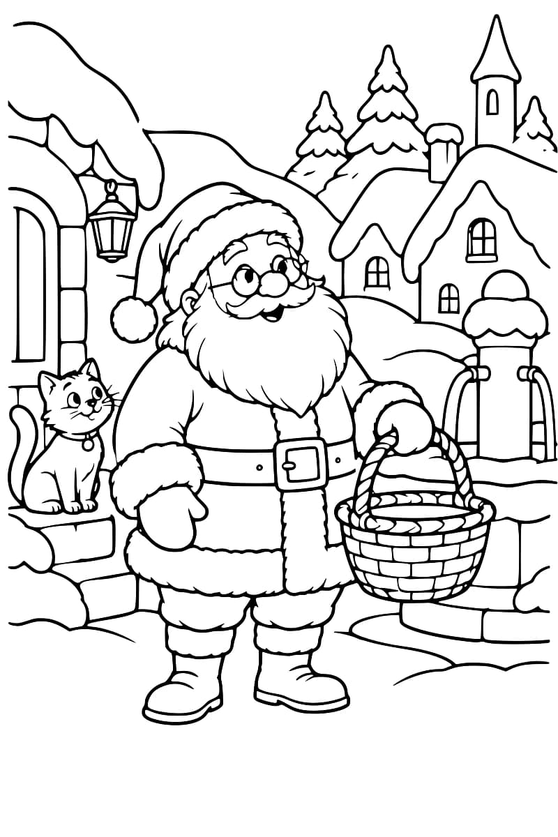 Coloriage en noir et blanc représentant le Père Noël avec un grand panier et un chat devant des maisons enneigées, un clocher et des sapins.