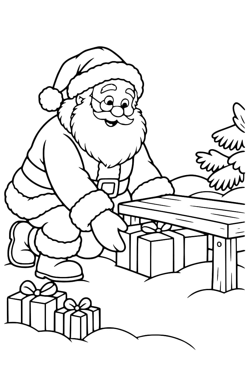 Dessin en noir et blanc du Père Noël agenouillé près d’un banc avec un paquet dessous et des cadeaux au premier plan.