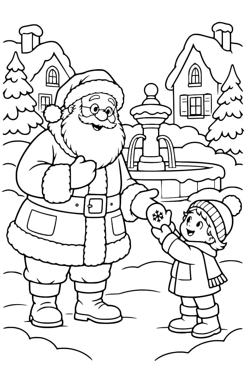 Coloriage représentant le Père Noël et un enfant devant une fontaine, entourés de maisons et de sapins enneigés.