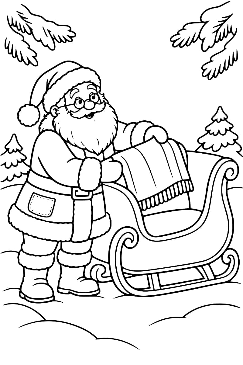 Dessin en noir et blanc du Père Noël à lunettes plaçant un plaid sur le siège d’un traîneau, entouré de sapins et d’oiseaux.