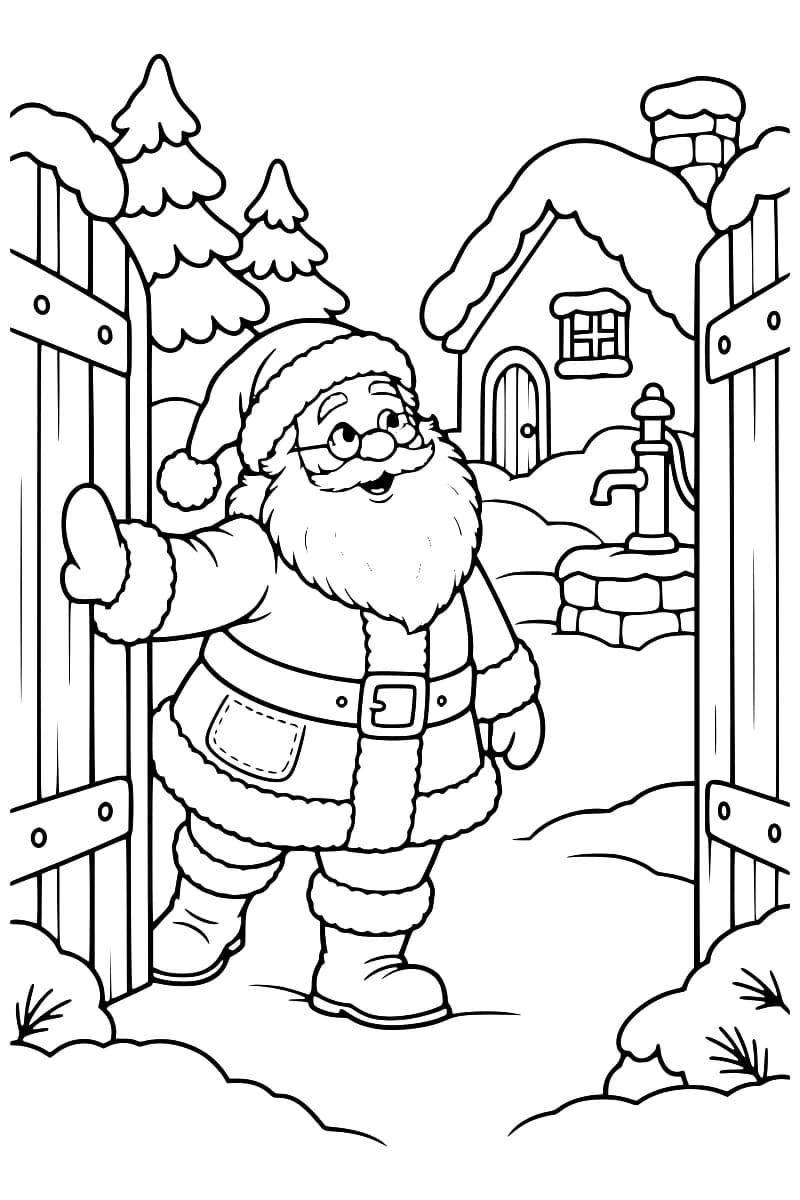 Père Noël ouvrant un portail en bois devant une maison et une pompe à eau, dans un village enneigé.