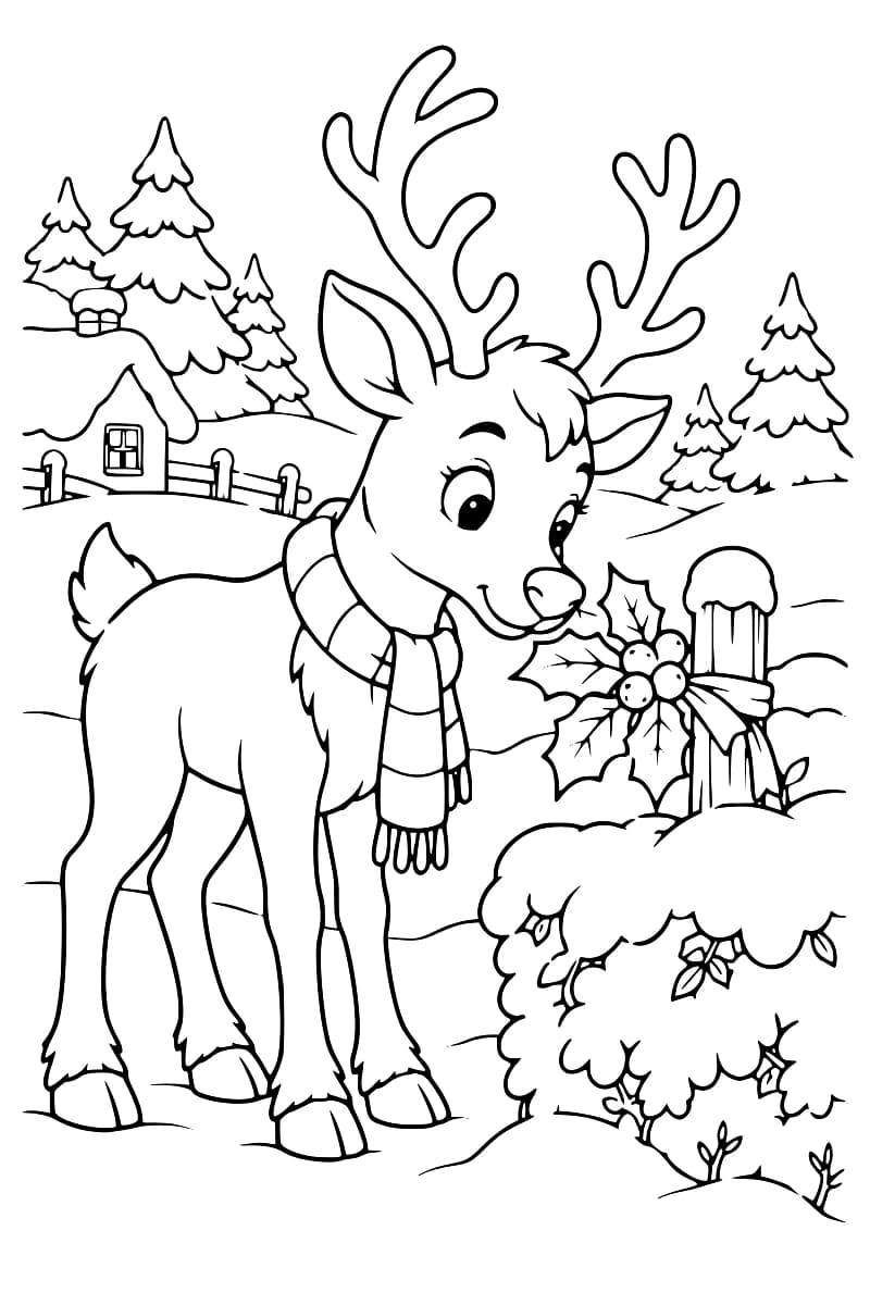 Dessin en noir et blanc d’un renne avec une écharpe, debout dans la neige près d’une branche de houx, d’une clôture et d’un chalet.