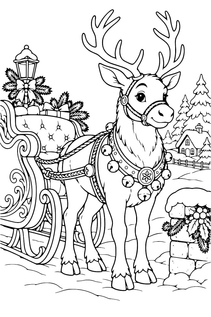 Dessin en noir et blanc d’un renne harnaché de grelots tirant un traîneau décoré devant des sapins, une maison et une clôture enneigées.