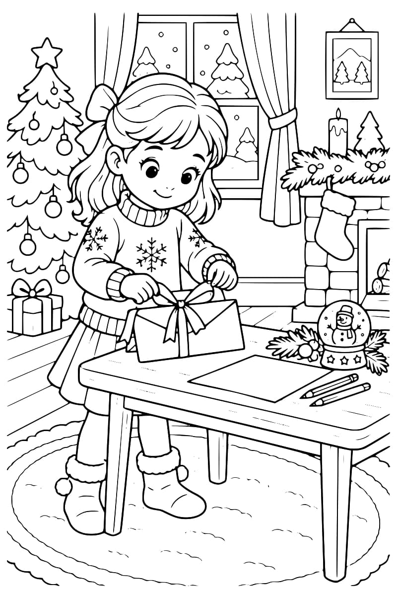 Dessin en noir et blanc d’une enfant attachant un ruban autour d’un cadeau sur une table, près d’un sapin et d’une cheminée décorée.