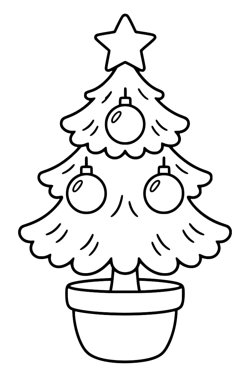 Sapin de Noël en pot avec trois boules et une étoile au sommet.