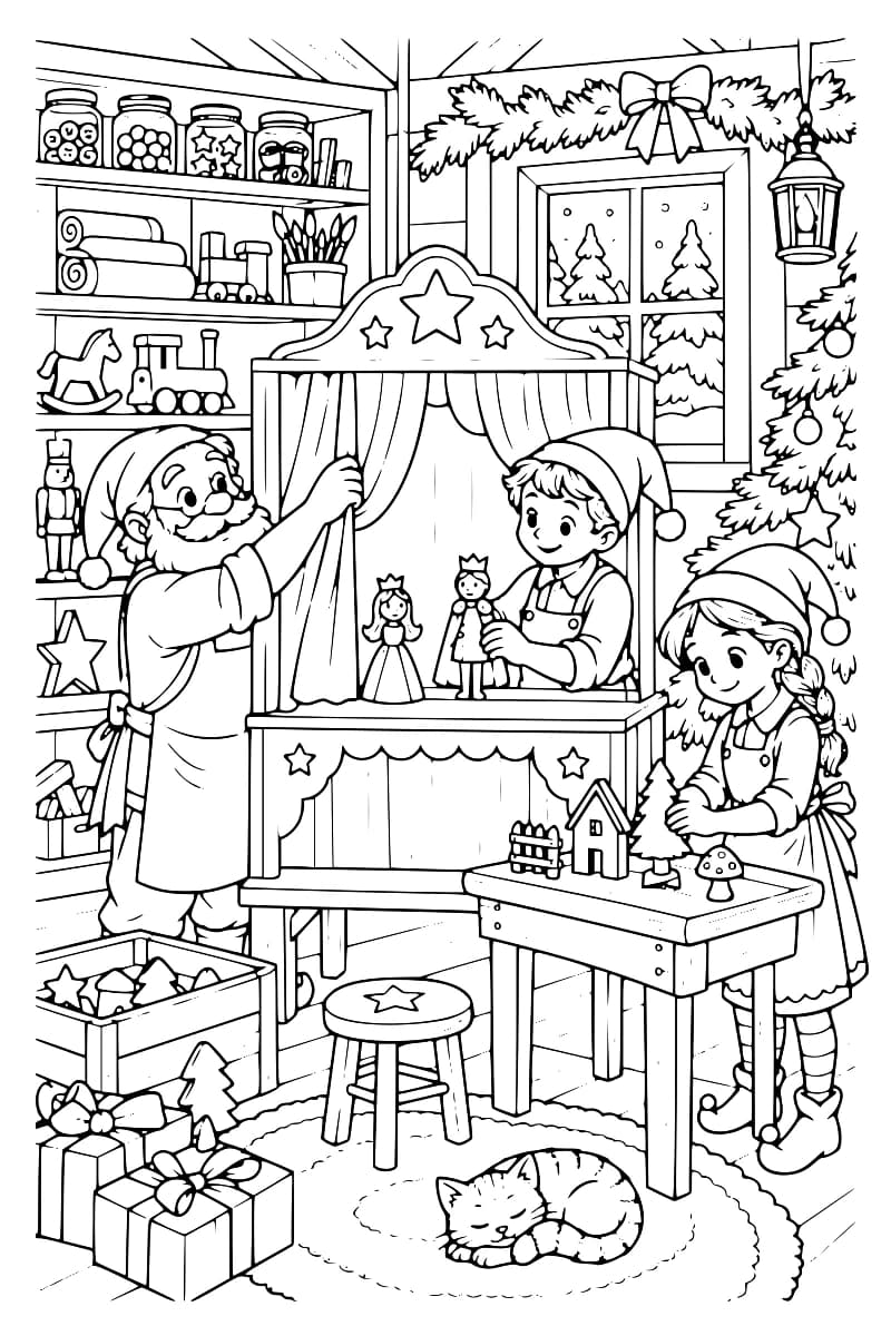 Le père Noël et deux enfants devant un petit théâtre de marionnettes, entourés de jouets, de cadeaux et d’un sapin.