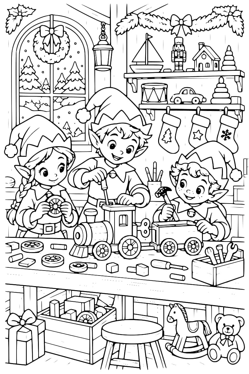 Trois lutins fabriquent un train en bois autour d’un établi, avec des outils, des pièces et des jouets dans l’atelier.