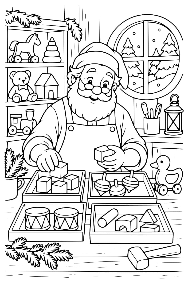 Coloriage du Père Noël tenant un cube en bois devant plusieurs plateaux remplis de jouets, avec des étagères et une fenêtre enneigée dans l’atelier.