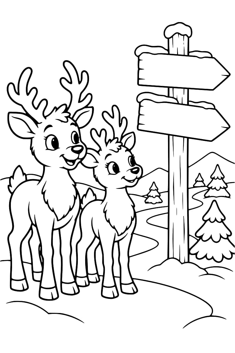 Deux rennes près de deux panneaux indicateurs en bois, avec des sapins et un chemin dans la neige.