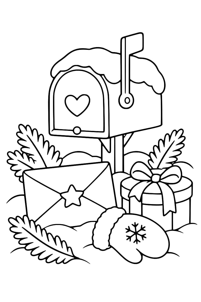 Dessin en noir et blanc d’une boîte aux lettres couverte de neige, d’une enveloppe ornée d’une étoile, d’un cadeau, de branches de houx et d’un gant décoré d’un flocon.