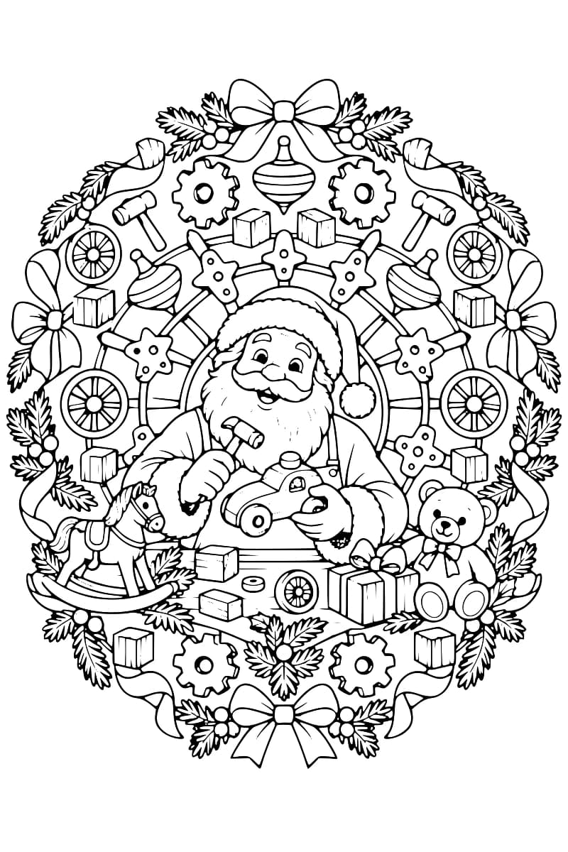 Illustration en noir et blanc représentant le Père Noël au centre d’une rosace décorée de jouets, de cadeaux, de branches de houx et de rubans.
