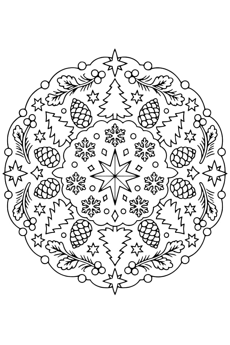 Mandala noir et blanc composé de sapins, de pommes de pin, de branches feuillues, de flocons et d’étoiles.