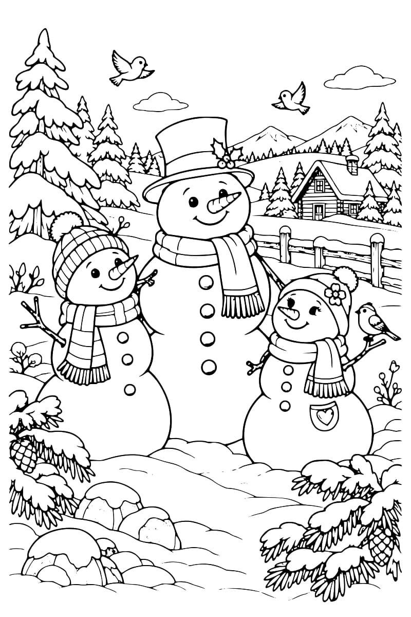 Dessin en noir et blanc de trois bonshommes de neige portant des écharpes et des bonnets, entourés de sapins enneigés, d’une cabane et d’oiseaux.