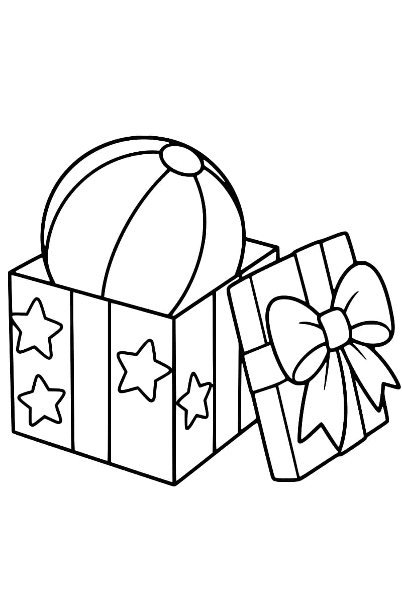 Dessin au trait noir d’une boîte cadeau ouverte, ornée de bandes verticales et d’étoiles, contenant un gros ballon de plage à panneaux ; le couvercle avec un grand nœud est appuyé à droite.