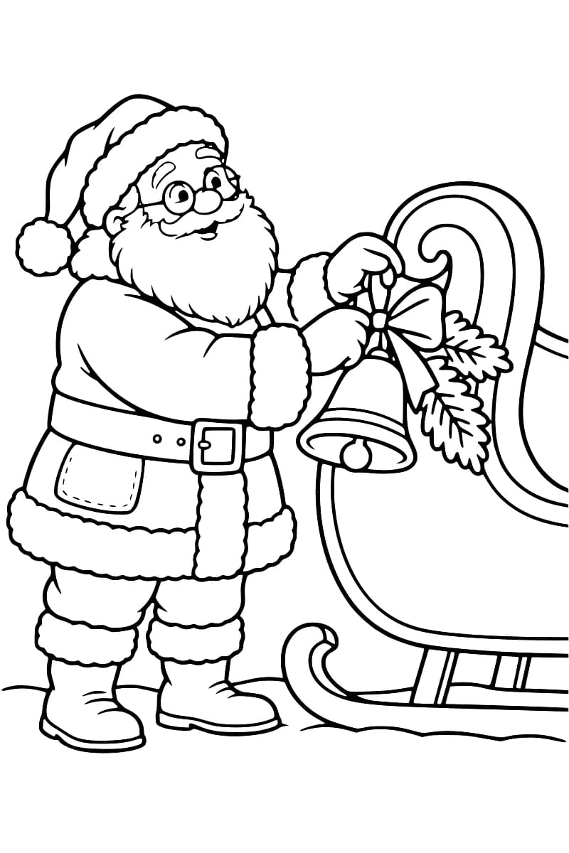 Dessin en noir et blanc du Père Noël à lunettes, debout près d’un traîneau aux patins recourbés, fixant une grande cloche décorée d’un nœud et de feuillage.