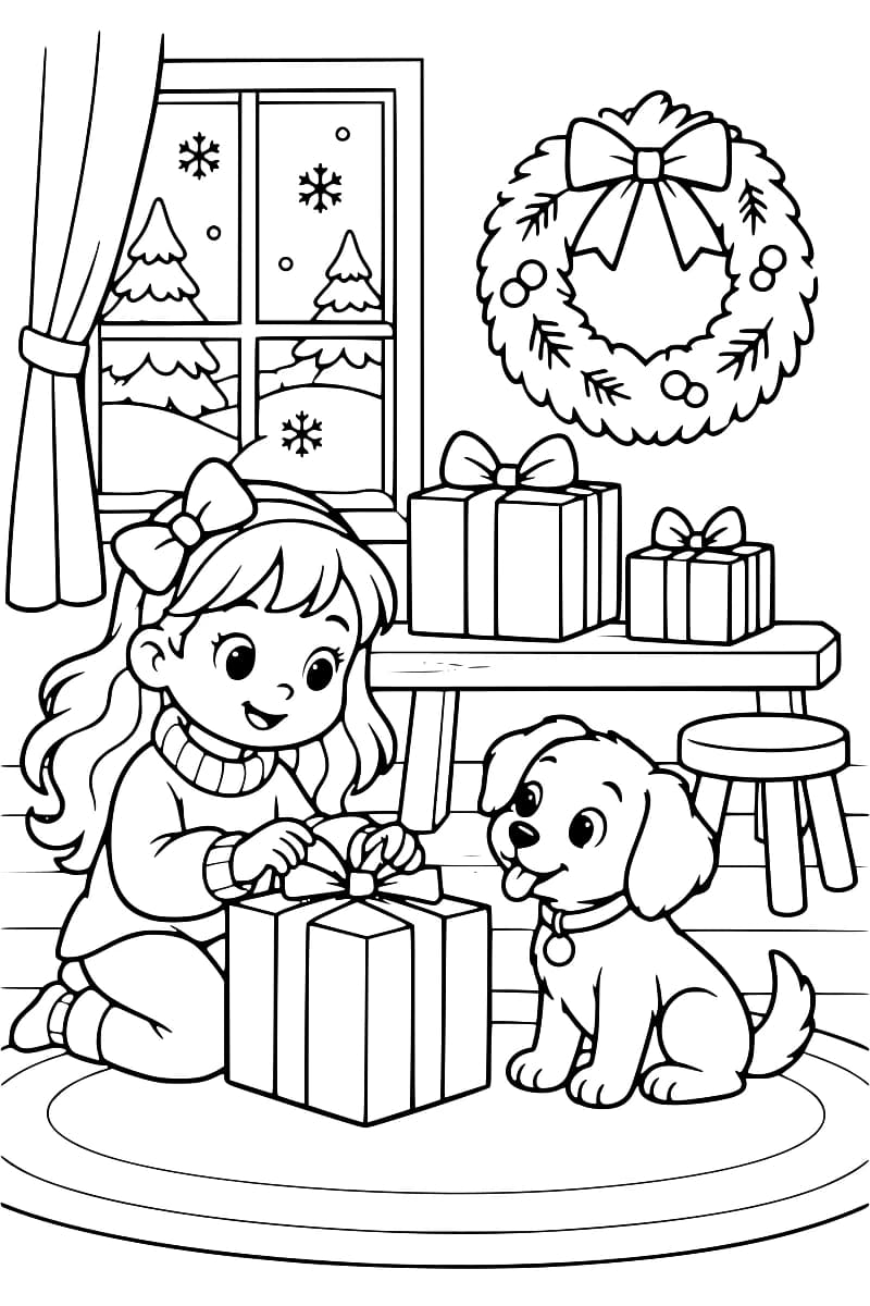 Dessin en noir et blanc montrant une enfant et un chien près de cadeaux emballés, d’un banc et d’une couronne décorative.