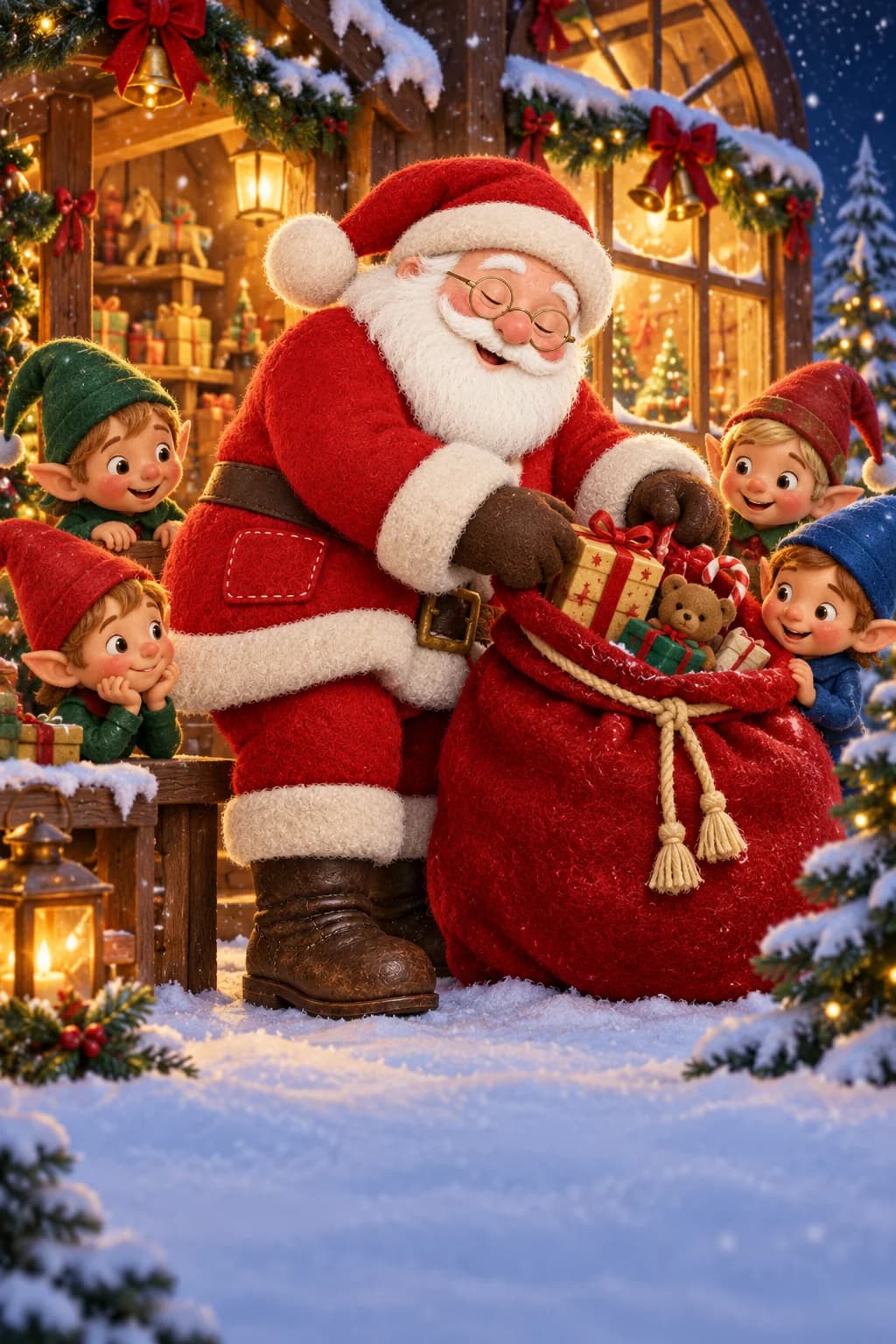 Le Père Noël et des lutins observent une grande hotte rouge dans un atelier enneigé.