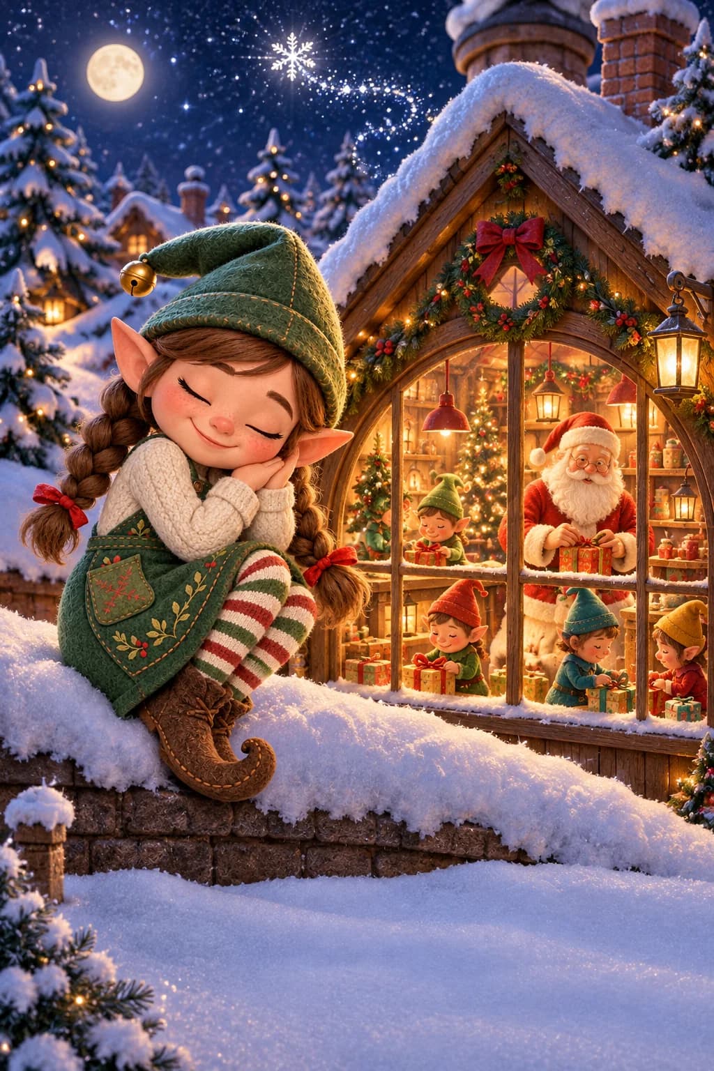 Un flocon blanc danse devant l’atelier illuminé du Père Noël sous un ciel étoilé.