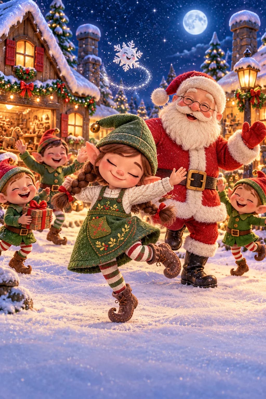 Le Père Noël et de jeunes lutins dansent sous un flocon au-dessus du village enneigé.