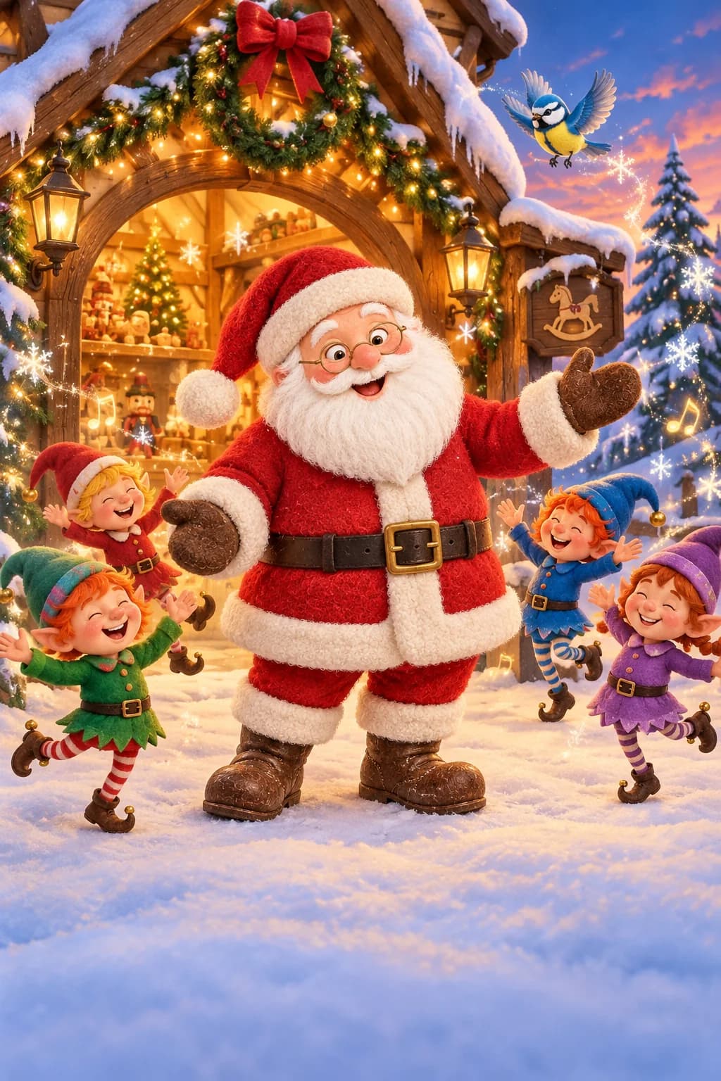 Le Père Noël et les lutins dansent devant l’atelier sous des flocons lumineux.