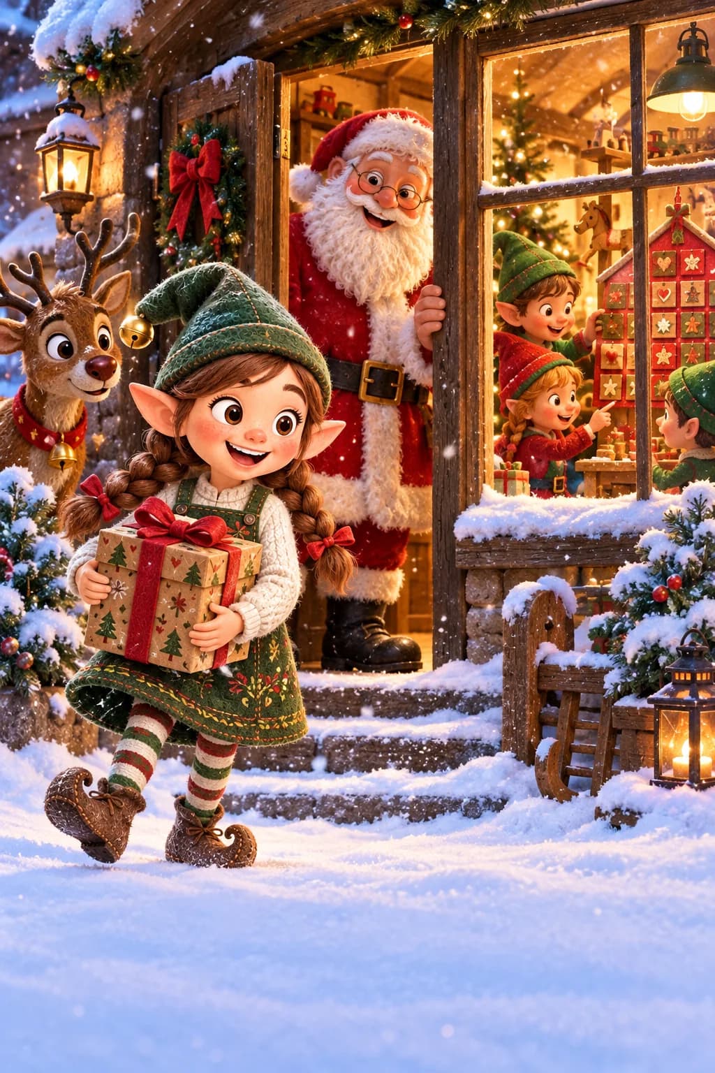 La neige couvre le village tandis que les lutins se rassemblent autour du calendrier de l’Avent.