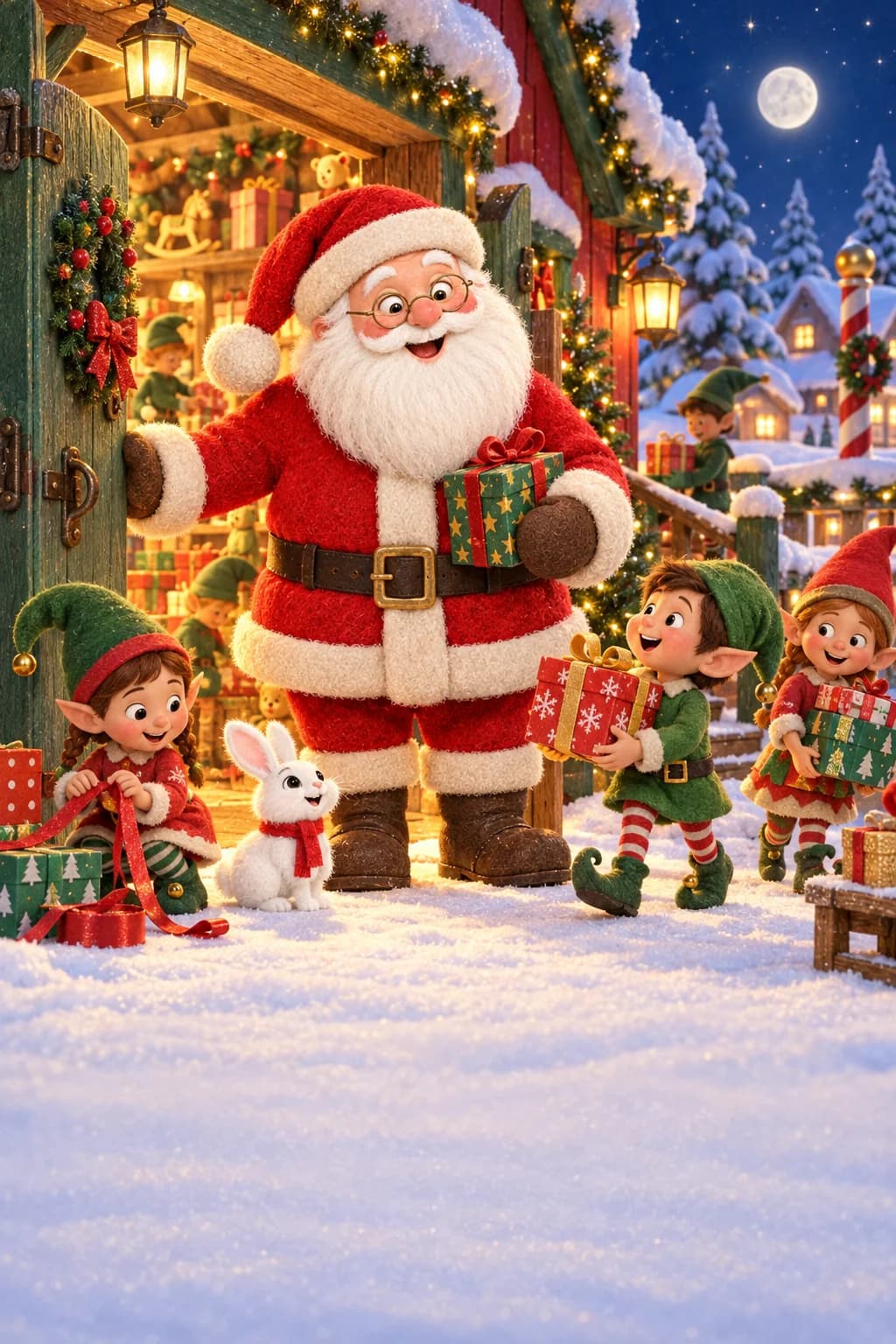 Le Père Noël et ses petits lutins portent des cadeaux devant un atelier éclairé dans la neige.