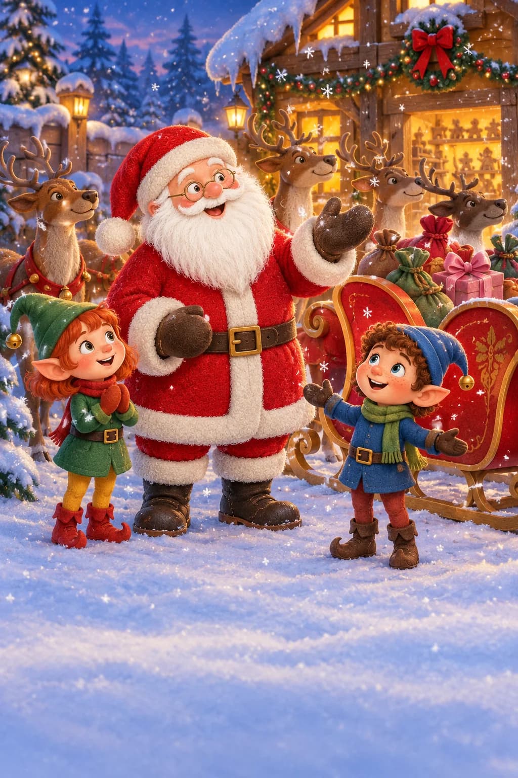 Le Père Noël et ses deux lutins regardent les flocons tournoyer autour du traîneau rouge.