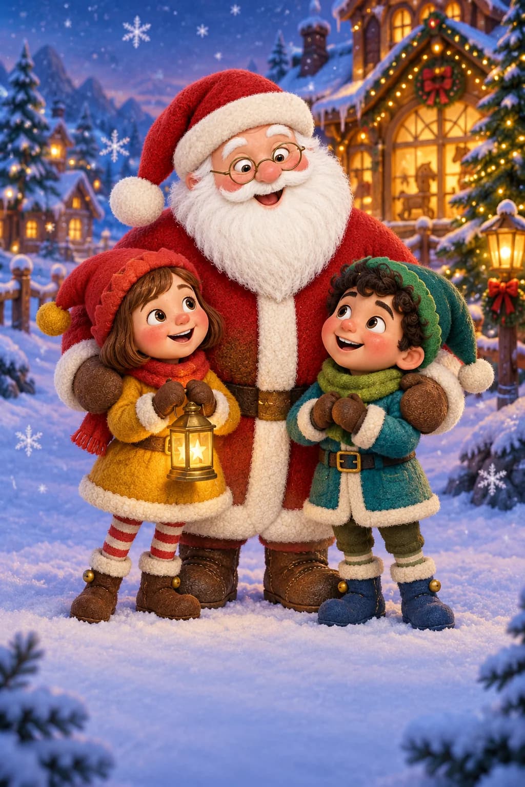 Le Père Noël et deux lutins observent des flocons joueurs près du sapin enneigé.
