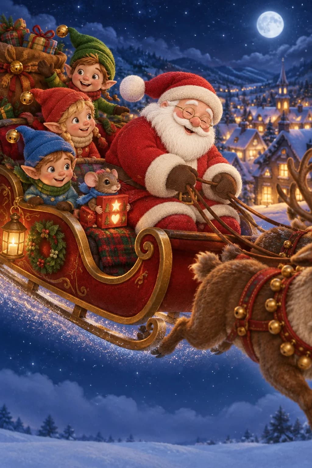 Le Père Noël, trois lutins et Mimo survolent un village enneigé aux fenêtres éclairées.