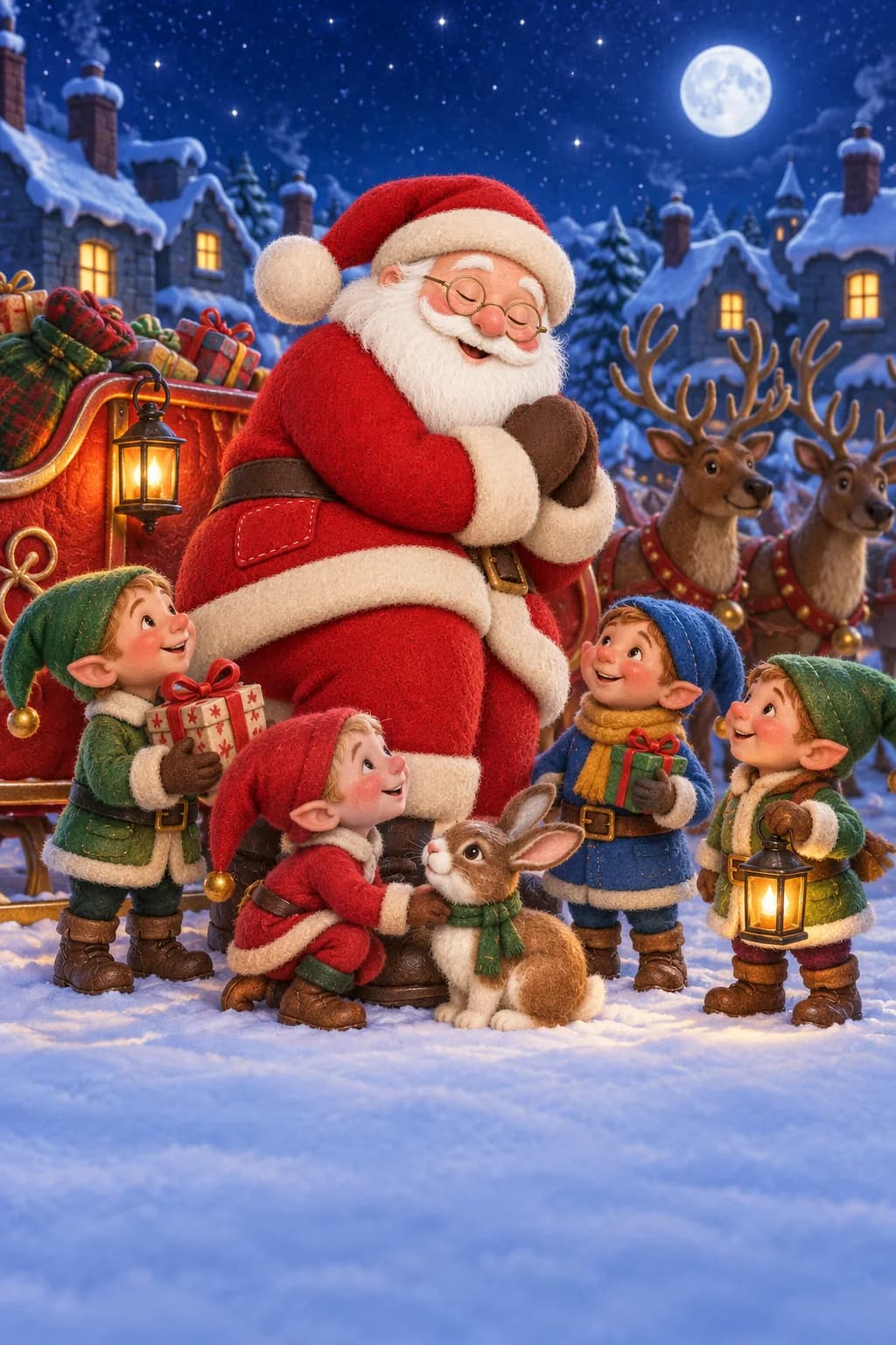 Le Père Noël et ses lutins se tiennent devant six fenêtres brillantes sous la neige.