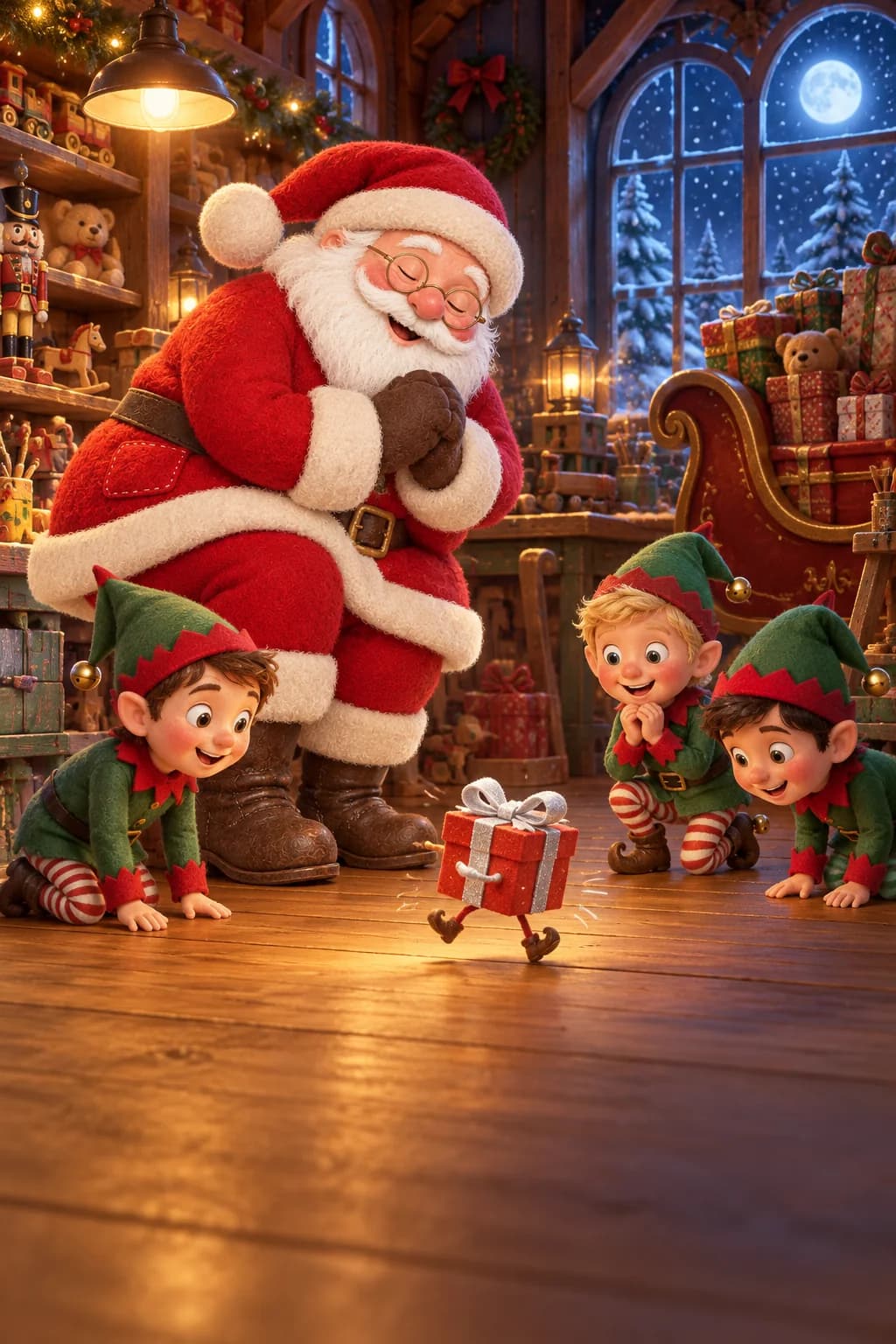 Le Père Noël et ses lutins observent un petit paquet rouge qui avance en zigzag dans l’atelier.